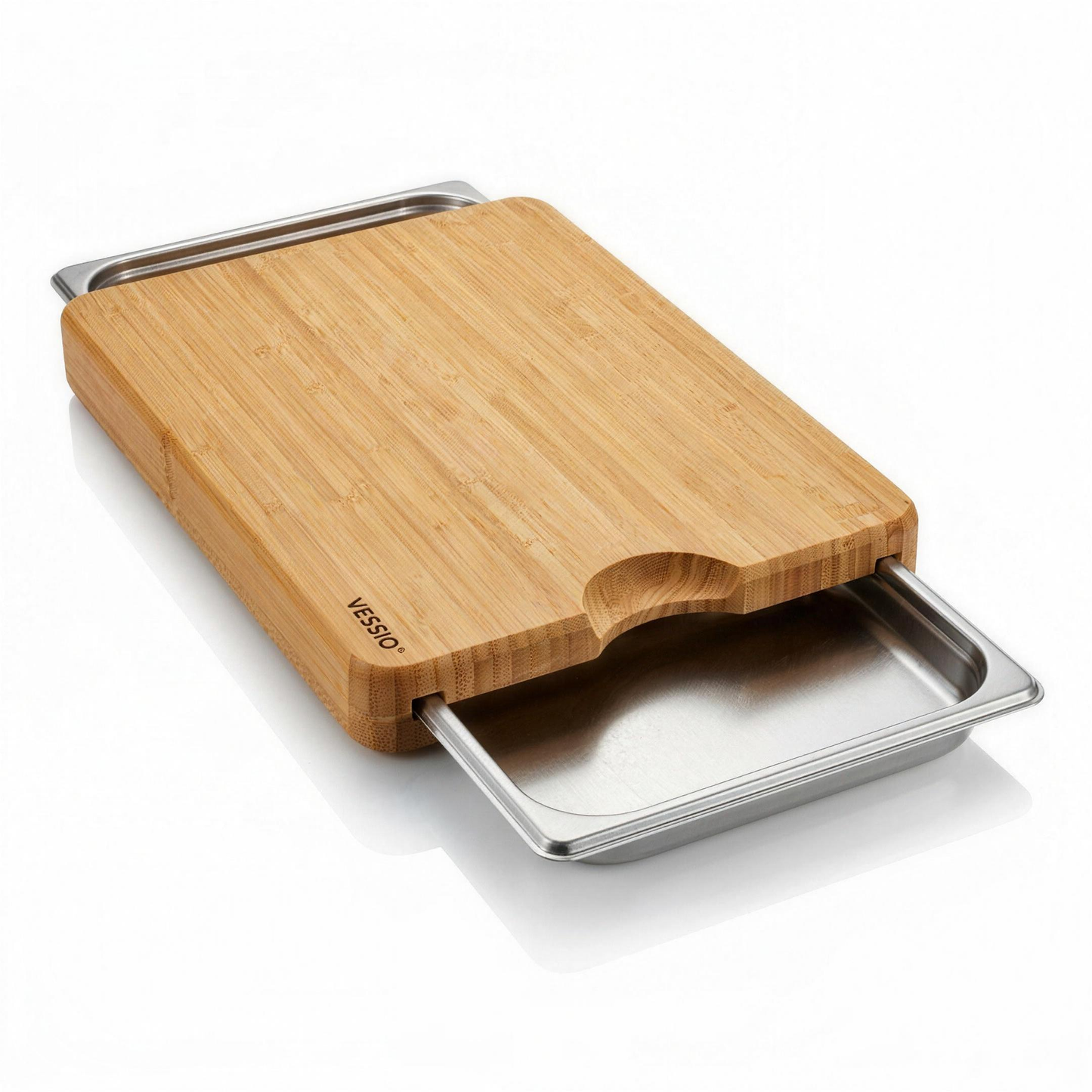 Vessio Prep Board — Bamboo Cutting Board with 2 Slide-Out Steel Trays