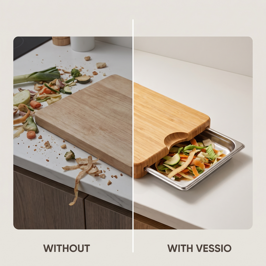 Vessio Prep Board — Bamboo Cutting Board with 2 Slide-Out Steel Trays
