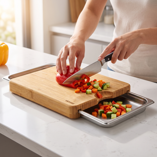Vessio Prep Board — Bamboo Cutting Board with 2 Slide-Out Steel Trays