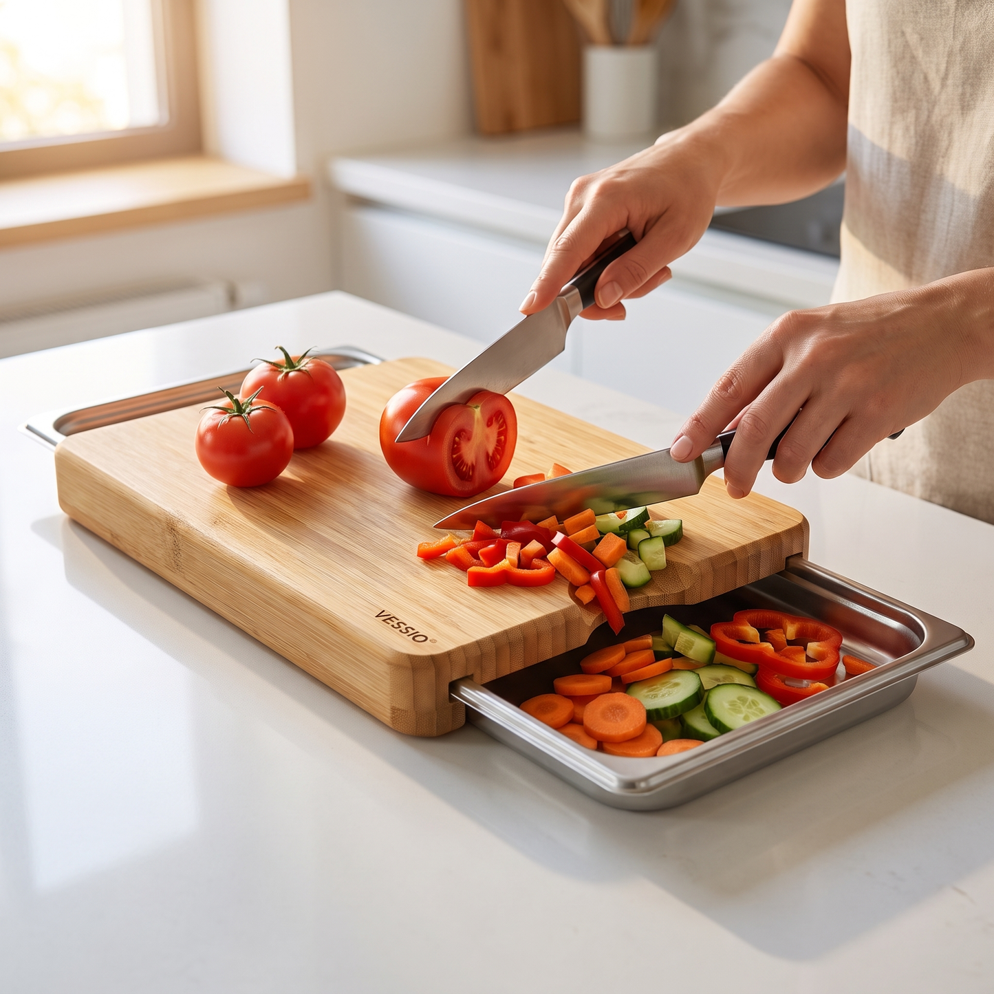 Vessio Prep Board — Bamboo Cutting Board with 2 Slide-Out Steel Trays