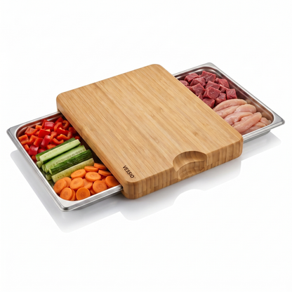 Vessio Prep Board — Bamboo Cutting Board with 2 Slide-Out Steel Trays