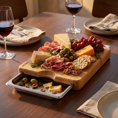 Vessio Prep Board — Bamboo Cutting Board with 2 Slide-Out Steel Trays