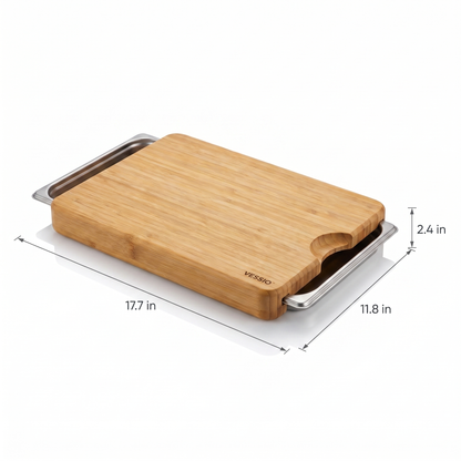 Vessio Prep Board — Bamboo Cutting Board with 2 Slide-Out Steel Trays