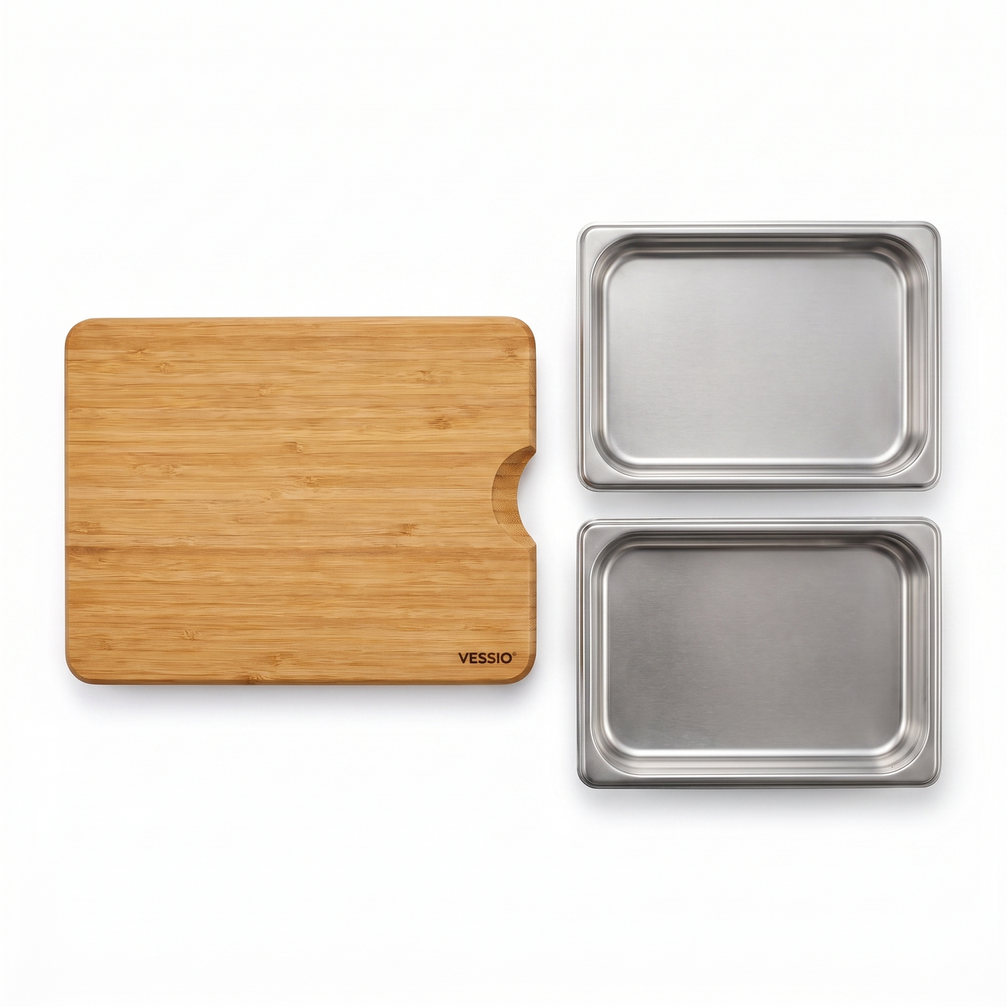 Vessio Prep Board — Bamboo Cutting Board with 2 Slide-Out Steel Trays
