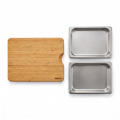 Vessio Prep Board — Bamboo Cutting Board with 2 Slide-Out Steel Trays