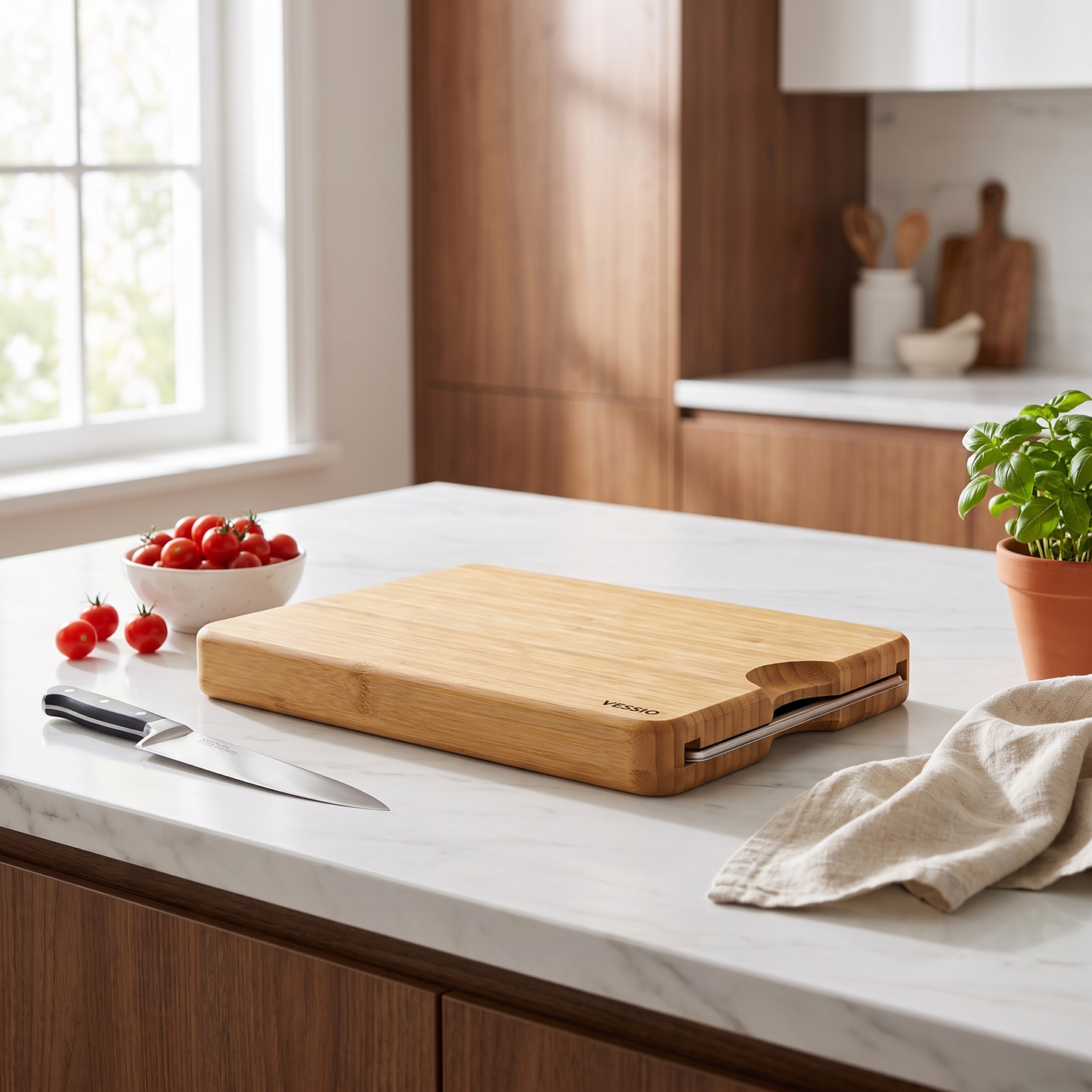 Vessio Prep Board — Bamboo Cutting Board with 2 Slide-Out Steel Trays